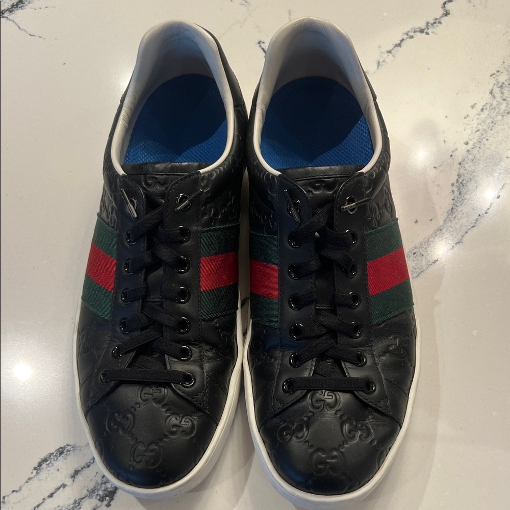 Gucci Black Embossed Sneakers with Red and Green Stripes